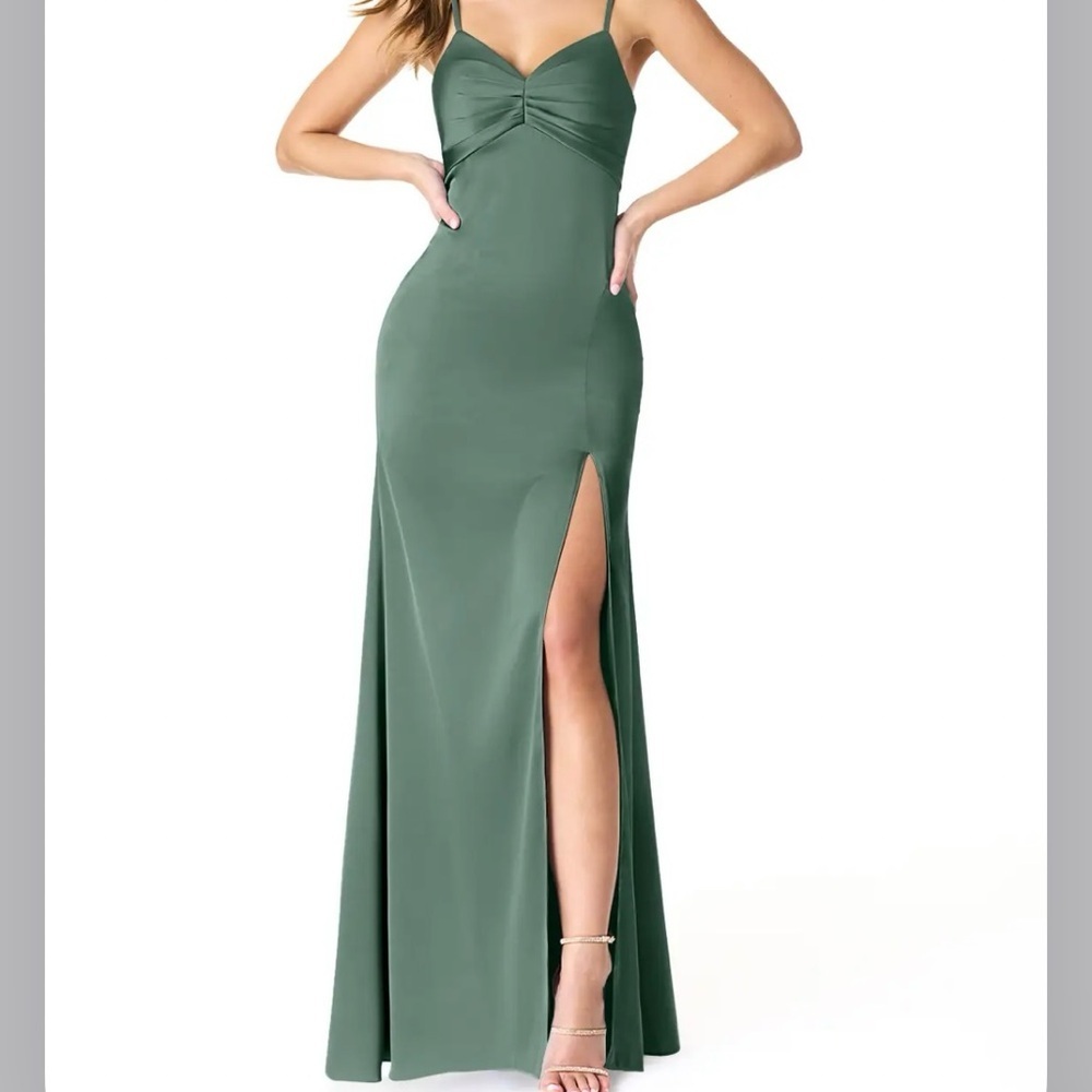 Azazie Linia Eucalyptus Mermaid Pleated Stretch Satin Dress Evening Gown Size 14